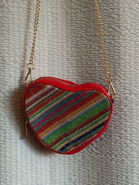 Betsey Johnson Red Heart Crossbody with Rainbow Crystal Stripes
